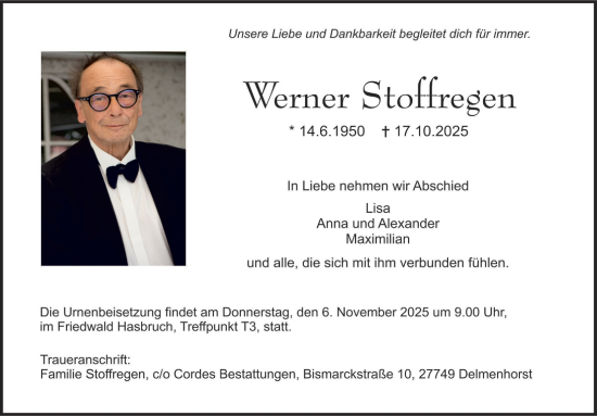 Traueranzeige von Werner Stoffregen von DK Medien GmbH & Co. KG