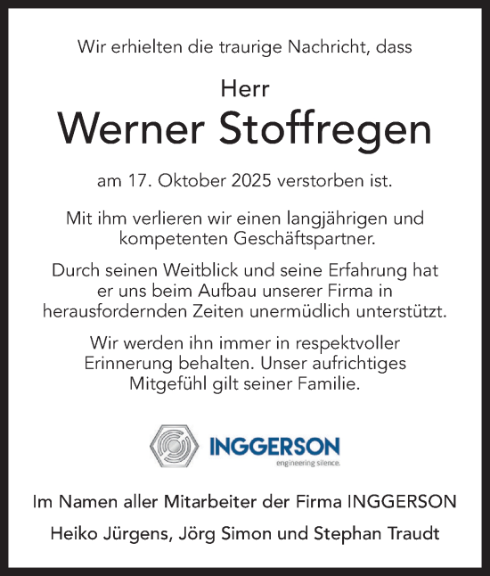 Traueranzeige von Werner Stoffregen von DK Medien GmbH & Co. KG
