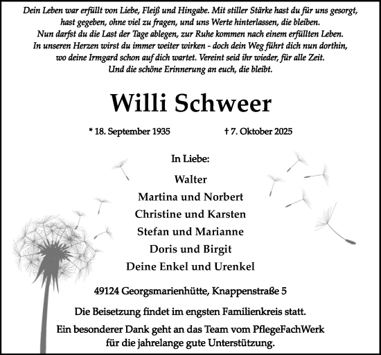 Traueranzeige von Willi Schweer von Neue Osnabrücker Zeitung GmbH & Co. KG