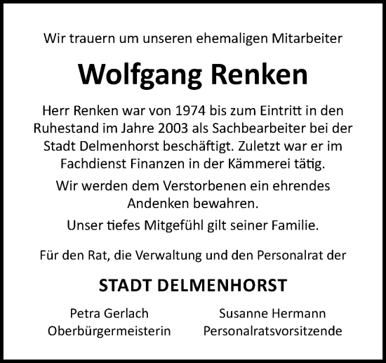 Traueranzeige von Wolfgang Renken von DK Medien GmbH & Co. KG