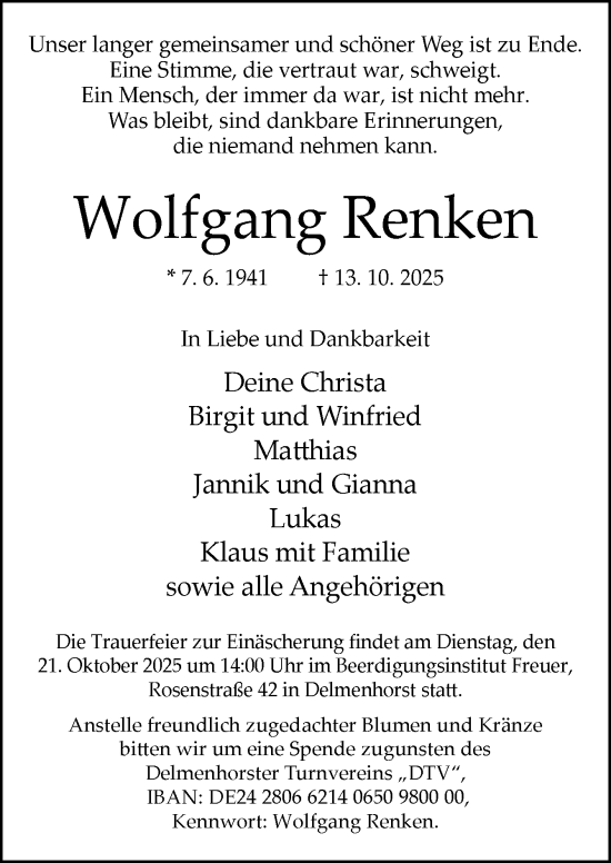 Traueranzeige von Wolfgang Renken von DK Medien GmbH & Co. KG