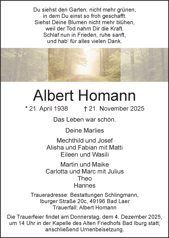 Traueranzeige von Albert Homann von Neue Osnabrücker Zeitung GmbH & Co. KG