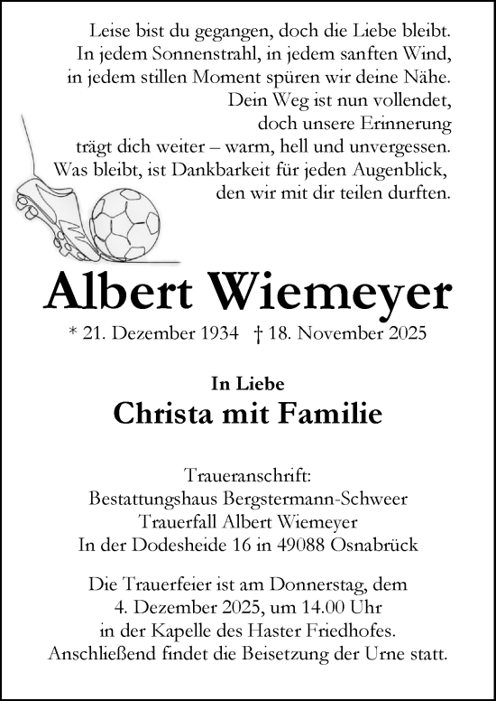 Traueranzeige von Albert Wiemeyer von Neue Osnabrücker Zeitung GmbH & Co. KG