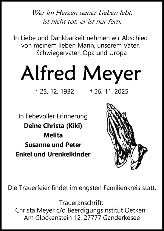 Traueranzeige von Alfred Meyer von DK Medien GmbH & Co. KG