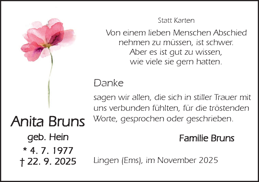  Traueranzeige für Anita Bruns vom 08.11.2025 aus Neue Osnabrücker Zeitung GmbH & Co. KG