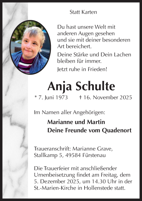 Traueranzeige von Anja Schulte von Neue Osnabrücker Zeitung GmbH & Co. KG