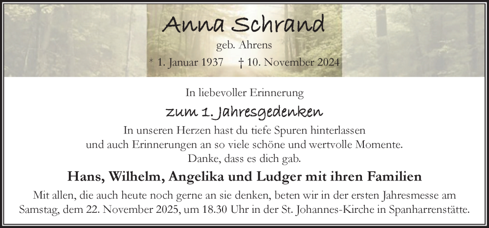  Traueranzeige für Anna Schrand vom 19.11.2025 aus Neue Osnabrücker Zeitung GmbH & Co. KG