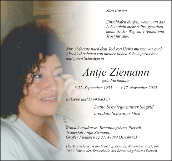 Traueranzeige von Antje Ziemann von Neue Osnabrücker Zeitung GmbH & Co. KG