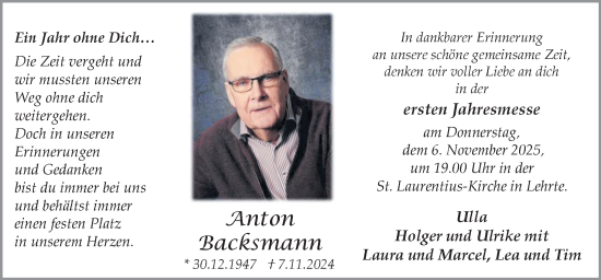 Traueranzeige von Anton Backsmann von Neue Osnabrücker Zeitung GmbH & Co. KG