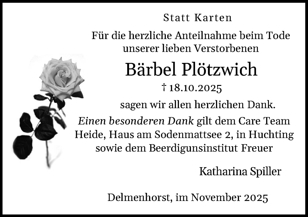  Traueranzeige für Bärbel Plötzwich vom 15.11.2025 aus DK Medien GmbH & Co. KG