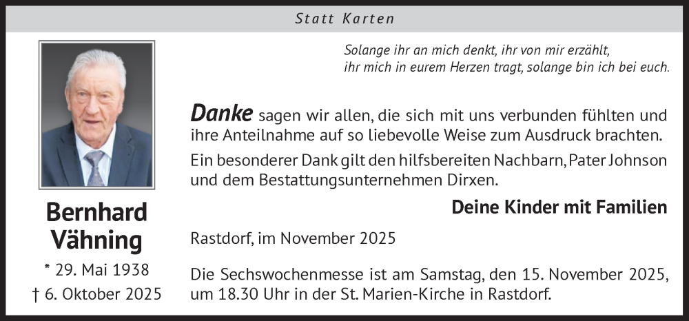  Traueranzeige für Bernhard Vähning vom 12.11.2025 aus Neue Osnabrücker Zeitung GmbH & Co. KG