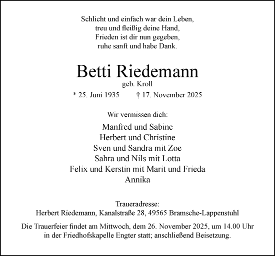 Traueranzeige von Betti Riedemann von Neue Osnabrücker Zeitung GmbH & Co. KG