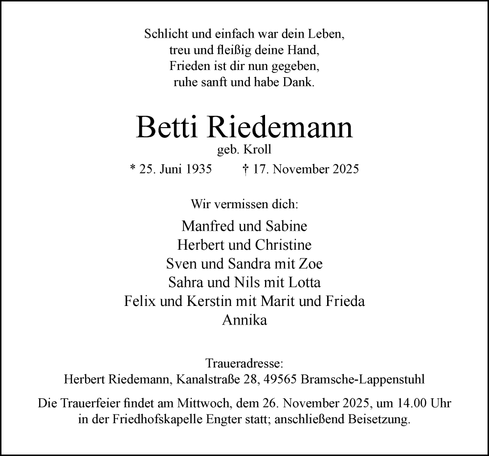  Traueranzeige für Betti Riedemann vom 22.11.2025 aus Neue Osnabrücker Zeitung GmbH & Co. KG