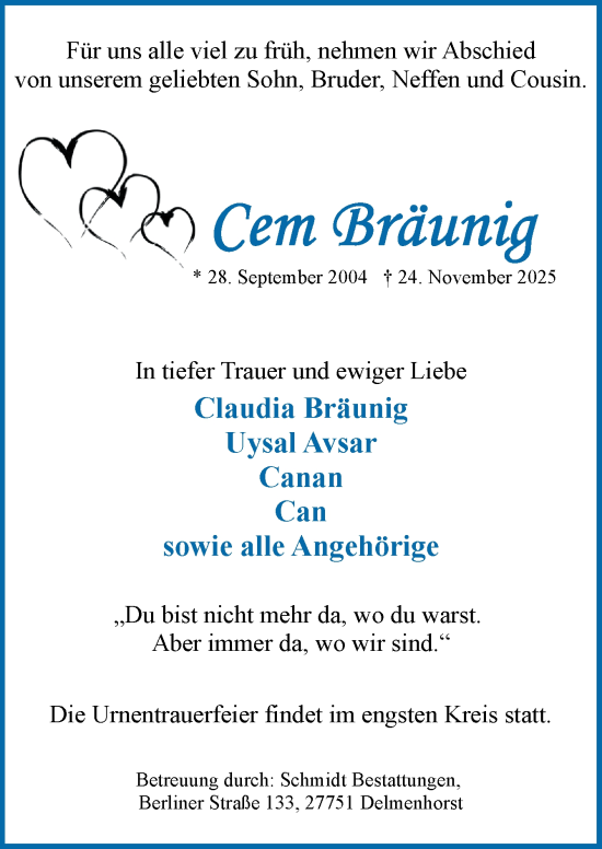 Traueranzeige von Cem Bräunig von DK Medien GmbH & Co. KG