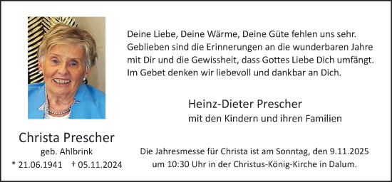 Traueranzeige von Christa Prescher von Neue Osnabrücker Zeitung GmbH & Co. KG