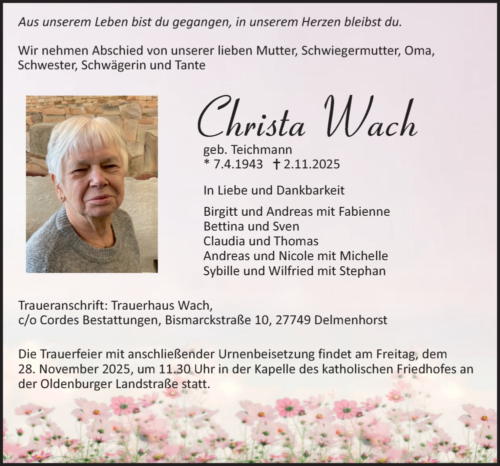  Traueranzeige für Christa Wach vom 08.11.2025 aus DK Medien GmbH & Co. KG