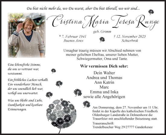 Traueranzeige von Christina Maria Teresa Runge von DK Medien GmbH & Co. KG