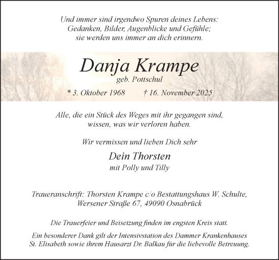 Traueranzeige von Danja Krampe von Neue Osnabrücker Zeitung GmbH & Co. KG