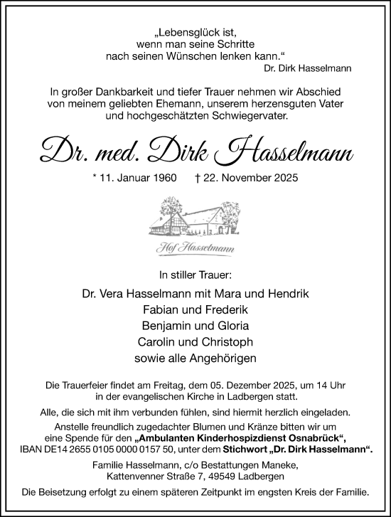 Traueranzeige von Dirk Hasselmann von Neue Osnabrücker Zeitung GmbH & Co. KG