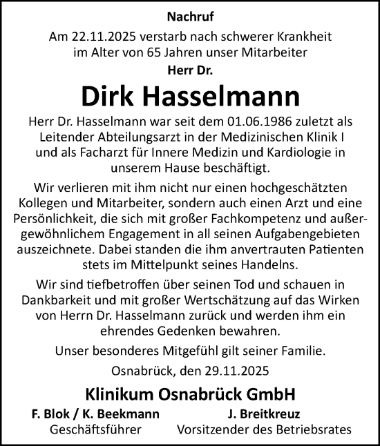 Traueranzeige von Dirk Hasselmann von Neue Osnabrücker Zeitung GmbH & Co. KG