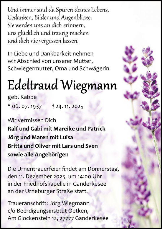 Traueranzeige von Edeltraud Wiegmann von DK Medien GmbH & Co. KG