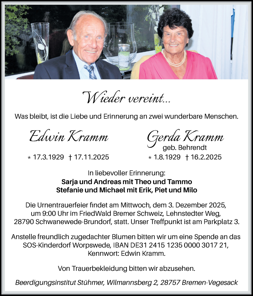 Traueranzeige für Edwin und Gerda Kramm vom 22.11.2025 aus DK Medien GmbH & Co. KG