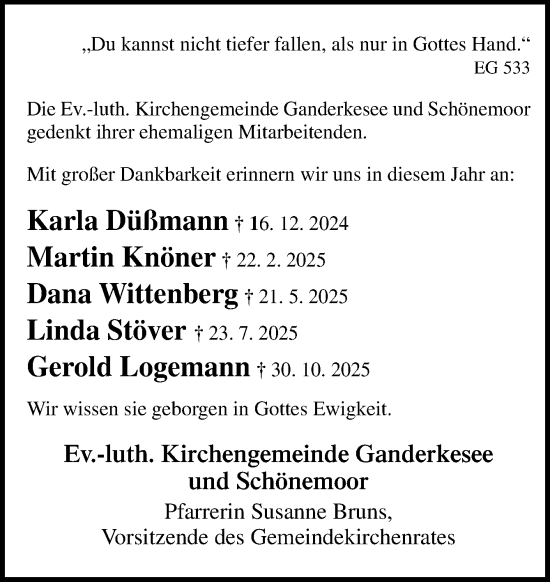 Traueranzeige von Ehem. Mitarbeitende d. Kirchengemeinde Ganderkesee vom 22.11.2025 von DK Medien GmbH & Co. KG