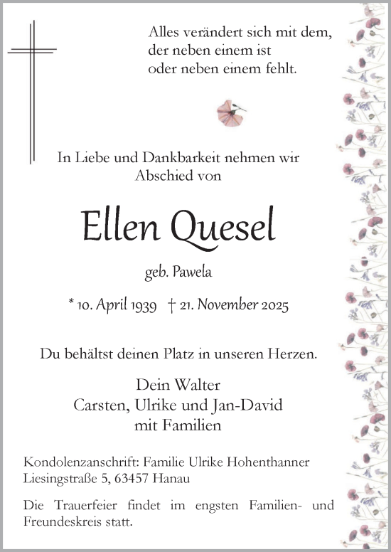 Traueranzeige von Ellen Quesel von Neue Osnabrücker Zeitung GmbH & Co. KG