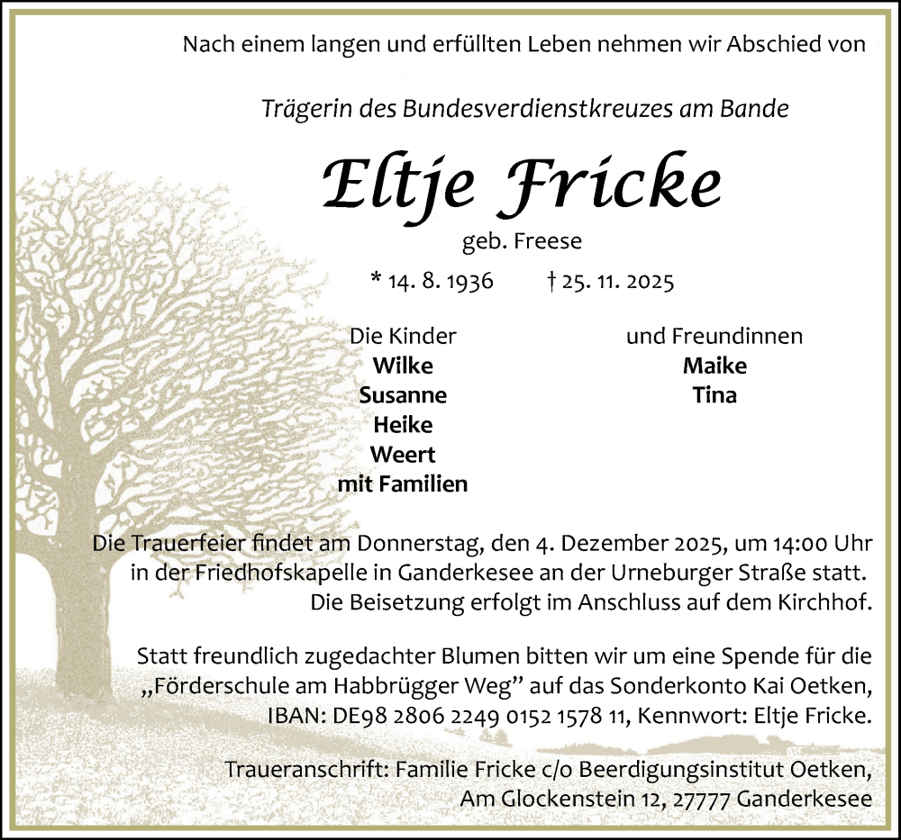  Traueranzeige für Eltje Fricke vom 29.11.2025 aus DK Medien GmbH & Co. KG