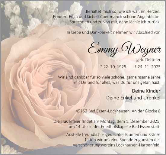 Traueranzeige von Emmy Wegner von Neue Osnabrücker Zeitung GmbH & Co. KG