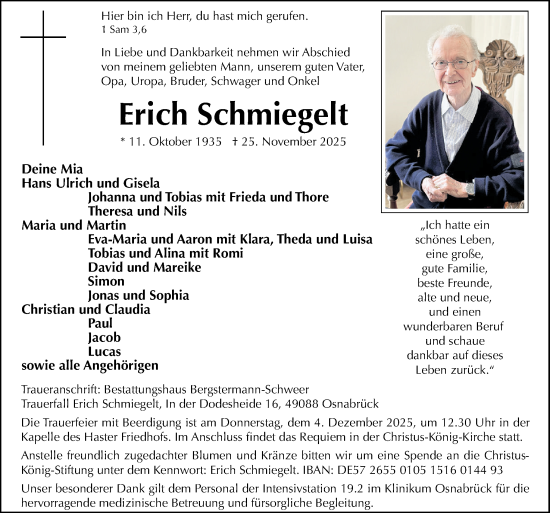 Traueranzeige von Erich Schmiegelt von Neue Osnabrücker Zeitung GmbH & Co. KG