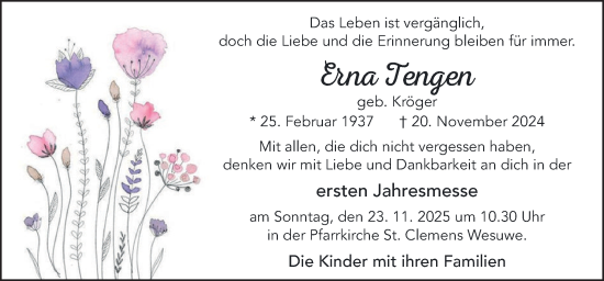 Traueranzeige von Erna Tengen von Neue Osnabrücker Zeitung GmbH & Co. KG