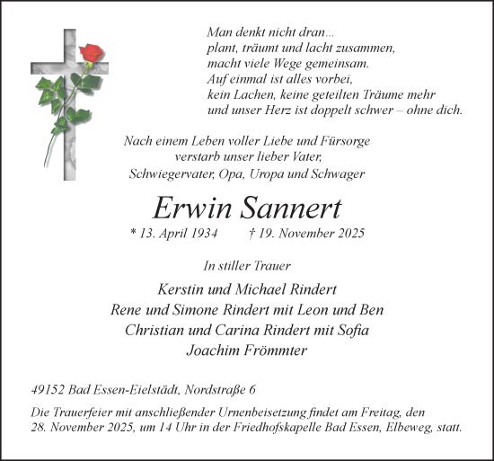 Traueranzeige von Erwin Sannert von Neue Osnabrücker Zeitung GmbH & Co. KG