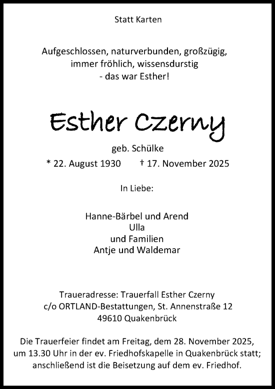 Traueranzeige von Esther Czerny von Neue Osnabrücker Zeitung GmbH & Co. KG