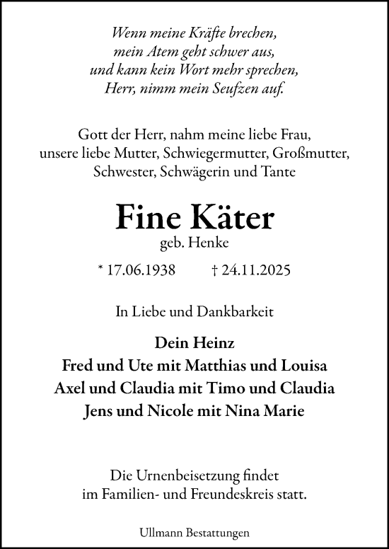 Traueranzeige von Fine Käter von DK Medien GmbH & Co. KG