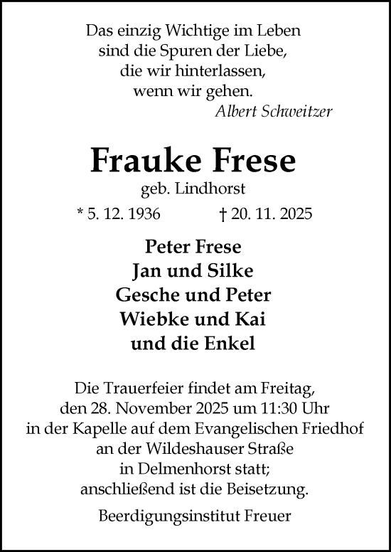 Traueranzeige von Frauke Frese von DK Medien GmbH & Co. KG