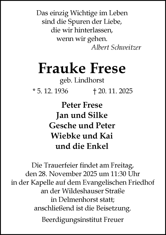  Traueranzeige für Frauke Frese vom 22.11.2025 aus DK Medien GmbH & Co. KG