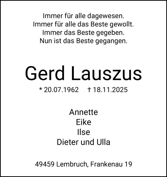 Traueranzeige von Gerd Lauszus von Neue Osnabrücker Zeitung GmbH & Co. KG