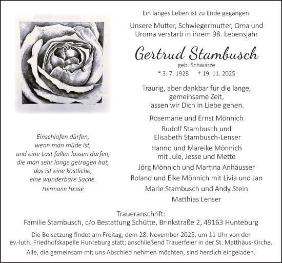Traueranzeige von Gertrud Stambusch von Neue Osnabrücker Zeitung GmbH & Co. KG