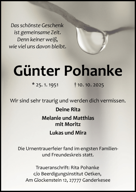 Traueranzeige von Günter Pohanke von DK Medien GmbH & Co. KG