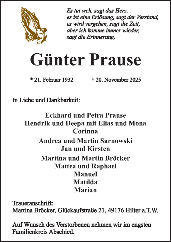 Traueranzeige von Günter Prause von Neue Osnabrücker Zeitung GmbH & Co. KG