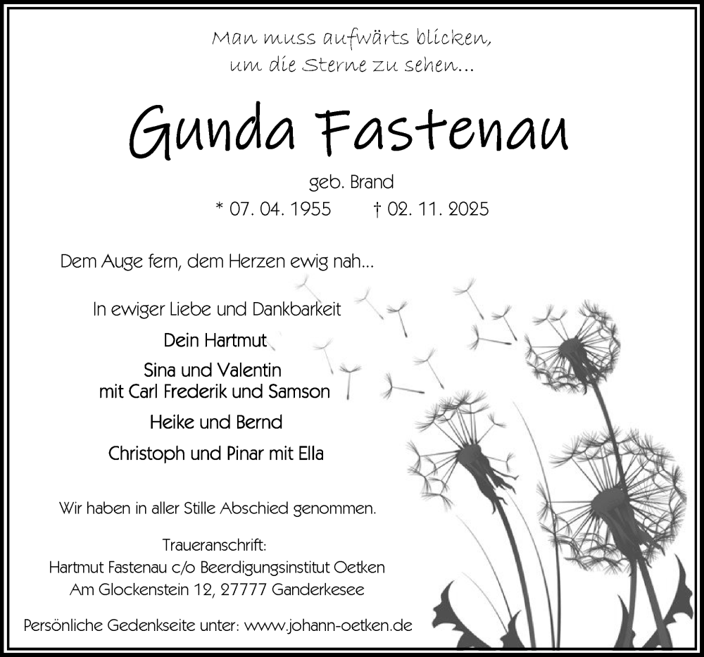  Traueranzeige für Gunda Fastenau vom 08.11.2025 aus DK Medien GmbH & Co. KG