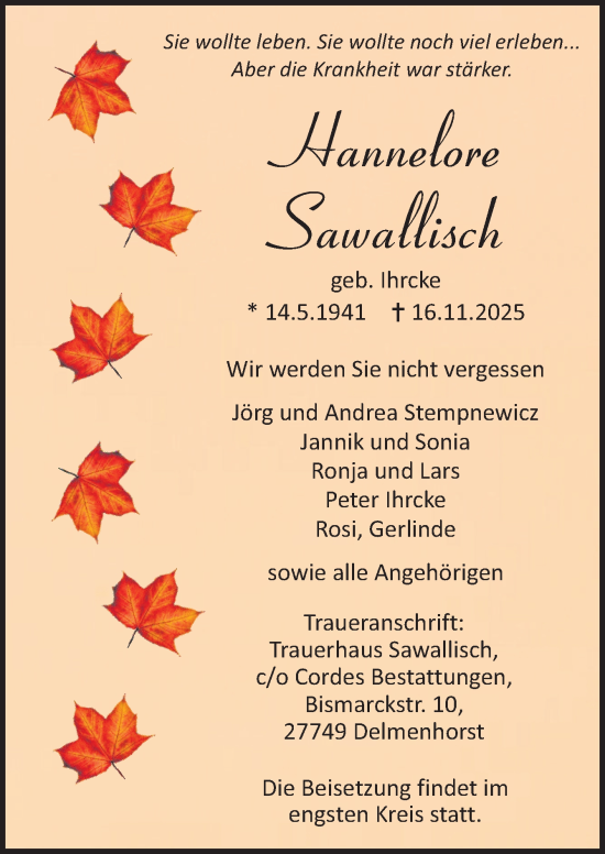 Traueranzeige von Hannelore Sawallisch von DK Medien GmbH & Co. KG