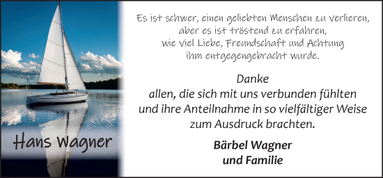 Traueranzeige von Hans Wagner von DK Medien GmbH & Co. KG