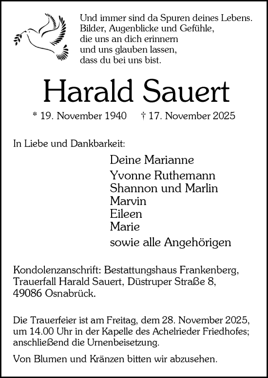 Traueranzeige von Harald Sauert von Neue Osnabrücker Zeitung GmbH & Co. KG
