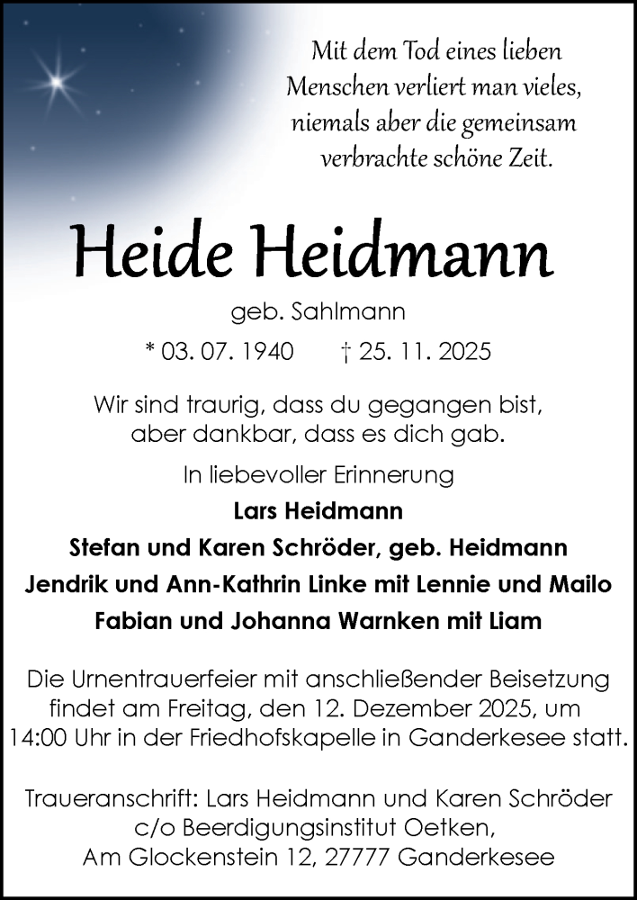  Traueranzeige für Heide Heidmann vom 29.11.2025 aus DK Medien GmbH & Co. KG