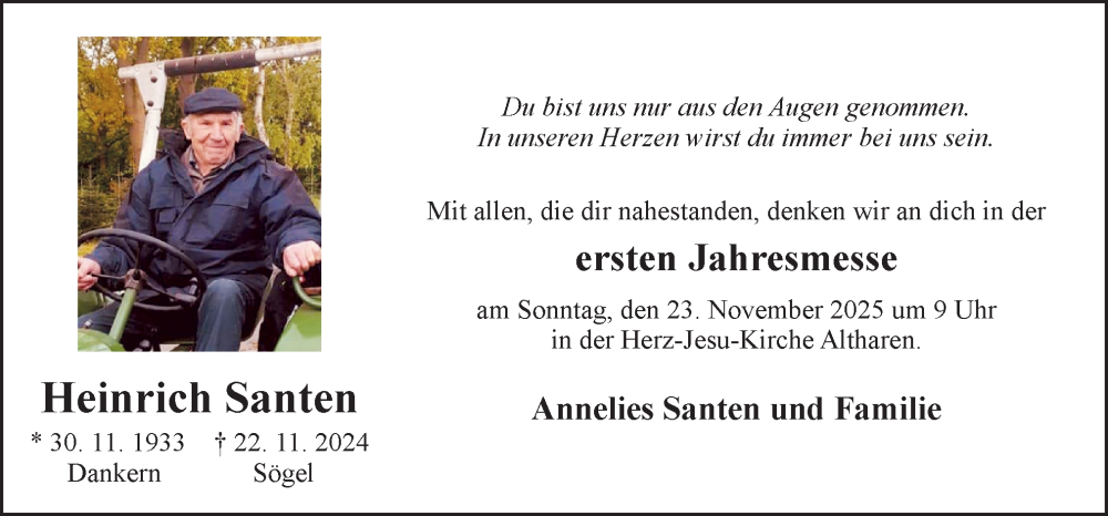  Traueranzeige für Heinrich Santen vom 22.11.2025 aus Neue Osnabrücker Zeitung GmbH & Co. KG