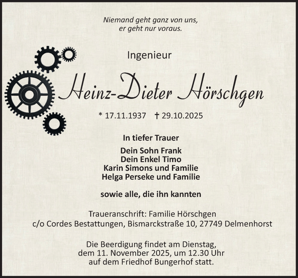  Traueranzeige für Heinz-Dieter Hörschgen vom 08.11.2025 aus DK Medien GmbH & Co. KG