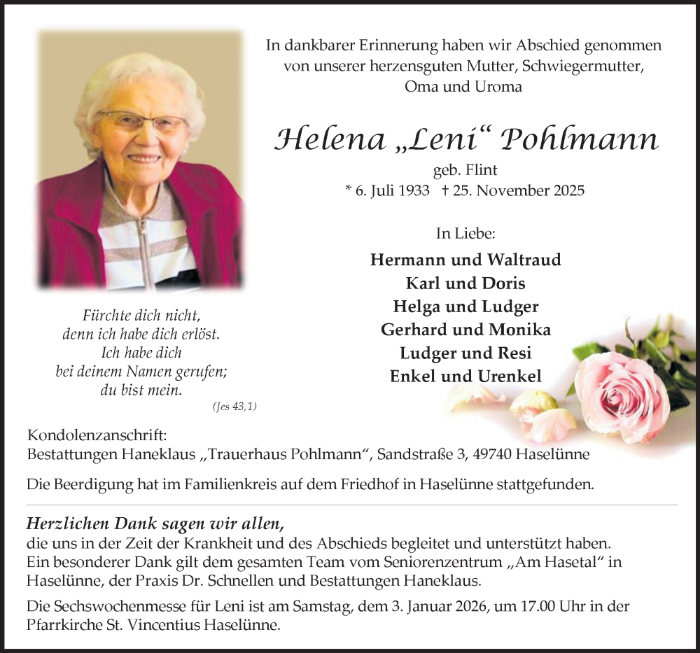  Traueranzeige für Helena Pohlmann vom 29.11.2025 aus Neue Osnabrücker Zeitung GmbH & Co. KG