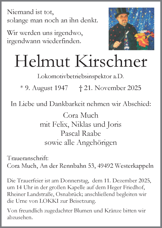 Traueranzeige von Helmut Kirschner von Neue Osnabrücker Zeitung GmbH & Co. KG